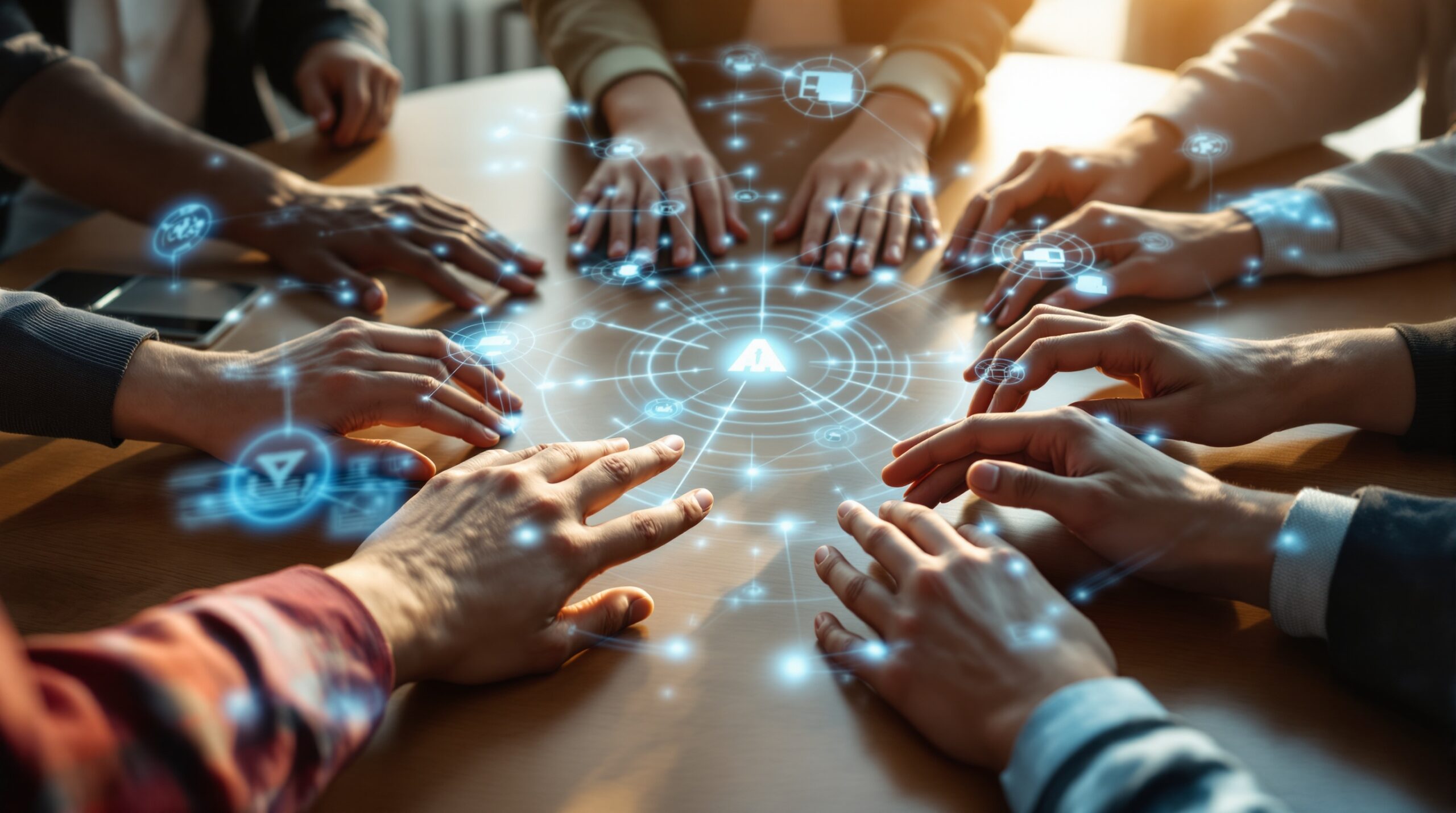 Diverse hands collaborating around conference table with holographic AI decision trees, representing ethical leadership