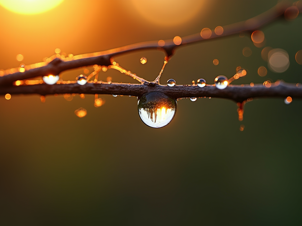 A close-up image of a slender tree branch with several water droplets clinging to it at sunrise. One prominent droplet in the center reflects an upside-down view of a landscape with trees and warm sunlight. The background is softly blurred with rich orange and green tones, creating a dreamy, bokeh effect.