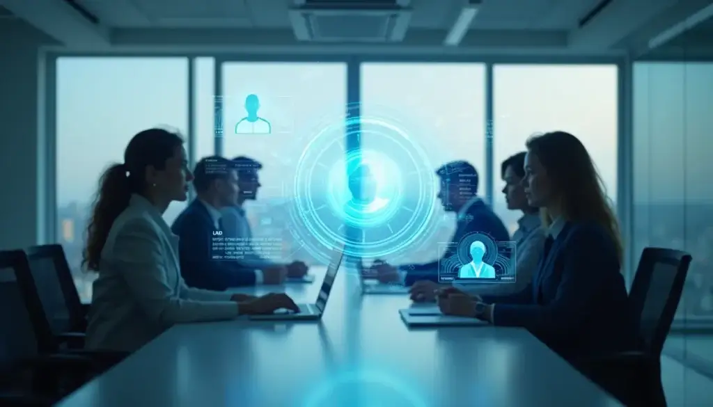 Modern office setting with holographic AI interface displaying diverse candidate profiles, highlighting the intersection of ethical AI implementation and inclusive hiring practices