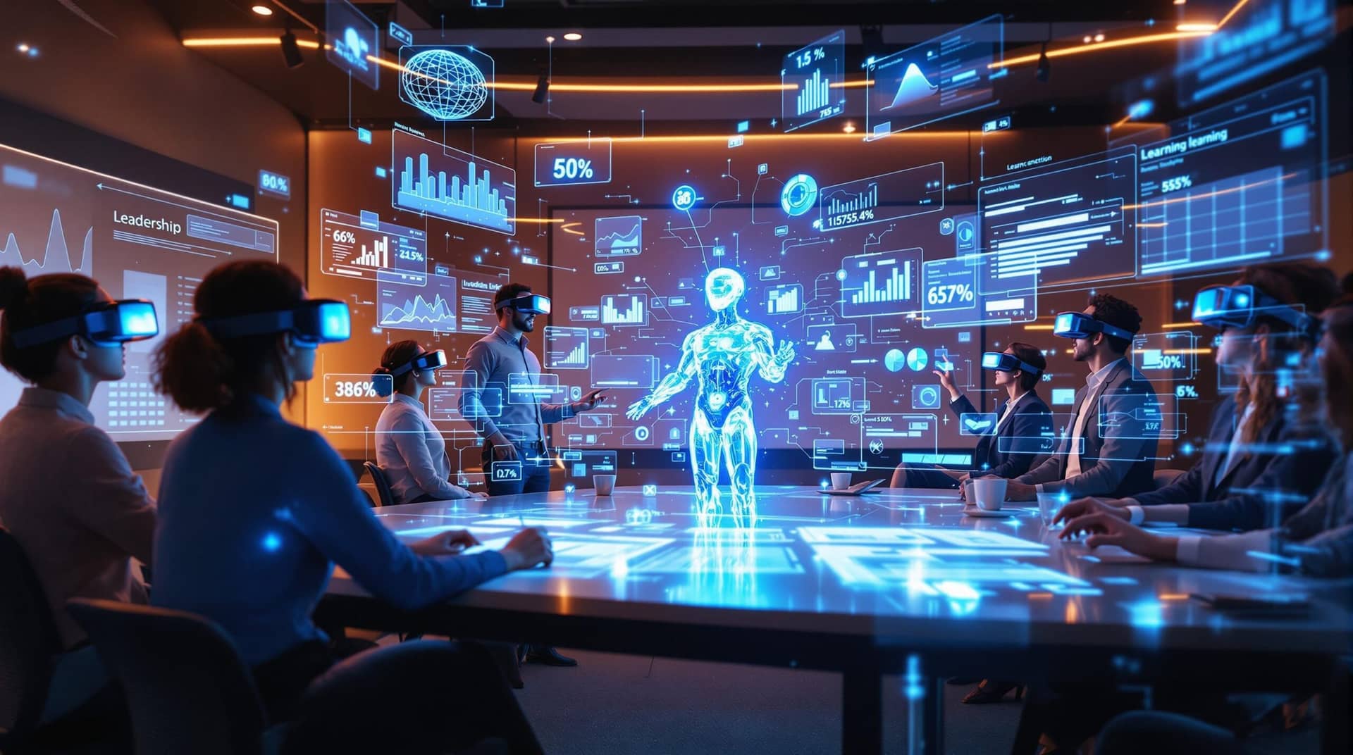 Diverse future leaders engage in high-tech training with AR headsets and holographic data while an AI coach guides them in a warmly-lit innovative space.