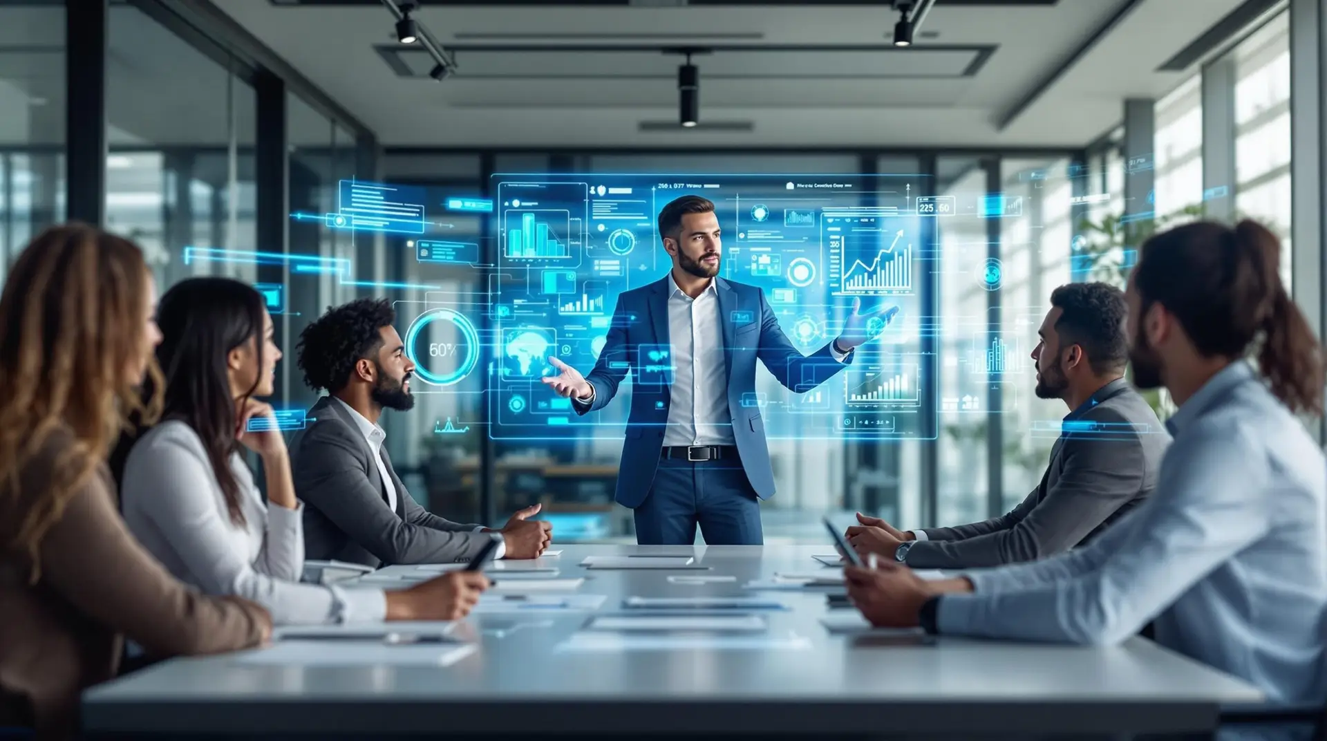 Diverse leadership team collaborating around AI visualization displays, demonstrating adaptive leadership in action