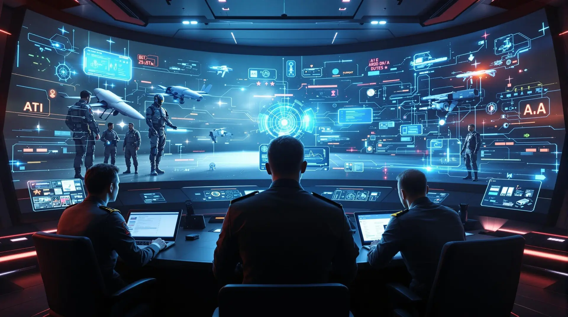A high-tech military command center where officers and AI ethicists debate military ethics, with holographic displays showing drones and robots alongside split screens comparing human soldiers with AI weapons systems.