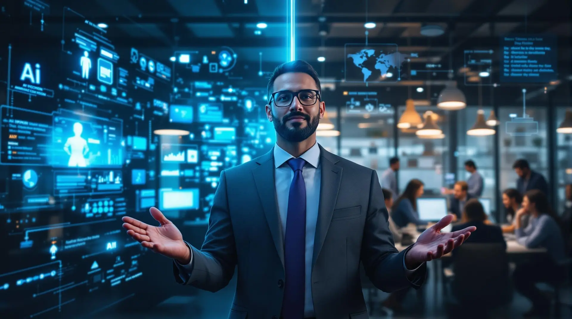 Leader bridging human workplace collaboration with AI technology systems