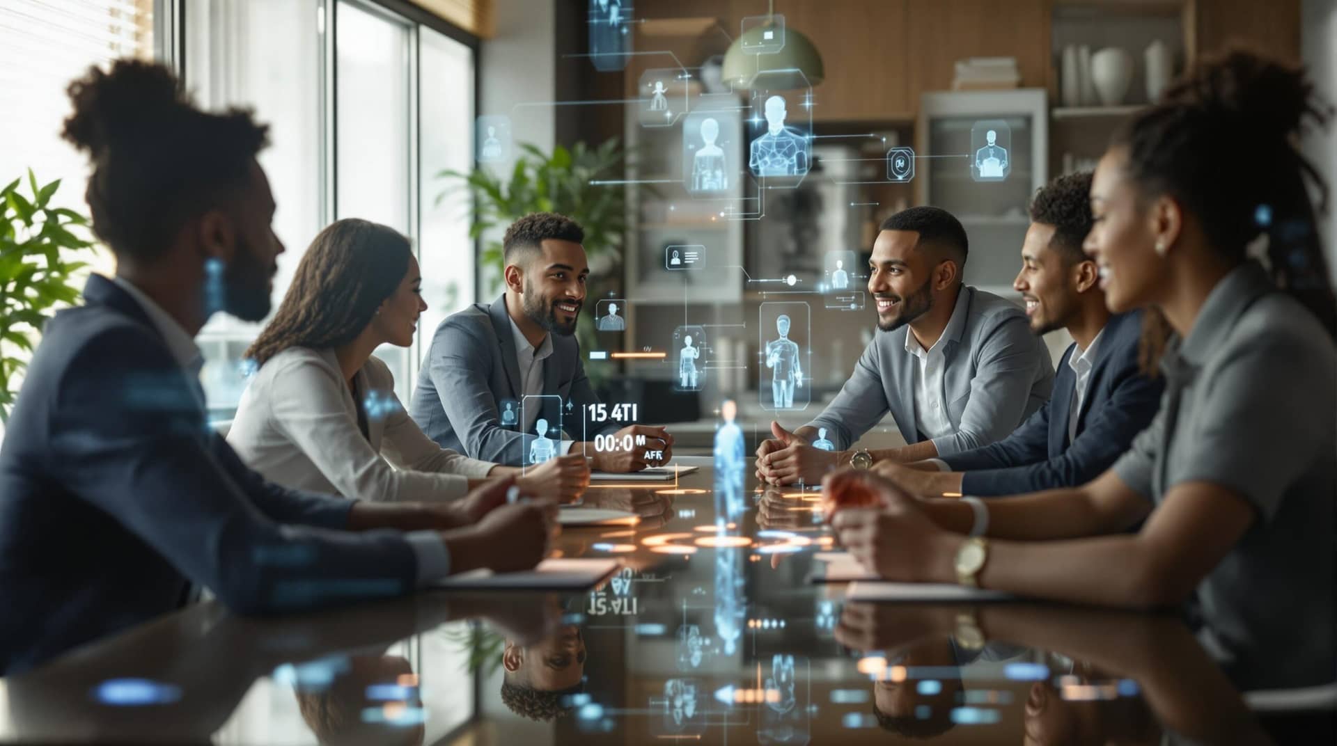 Diverse team engaged in empowering leadership discussion with AI integration tools