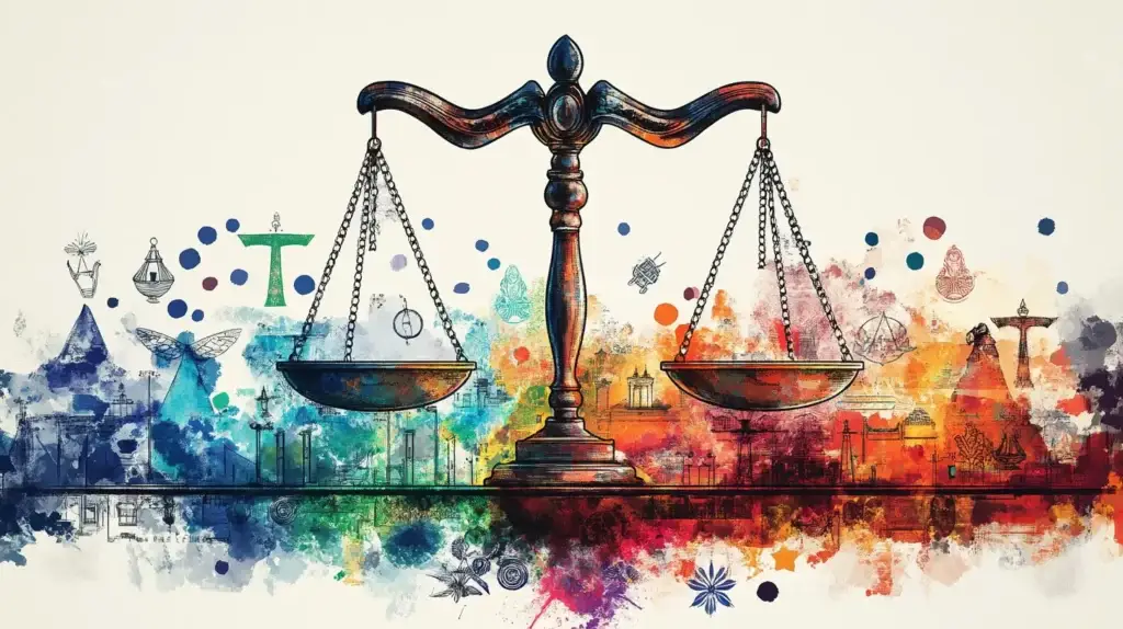 A balanced scale symbolizing justice, set against a backdrop of diverse cultural symbols, representing the universal nature of ethical principles