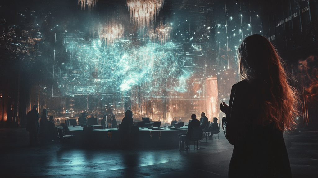 A high-tech boardroom where executives collaborate using an AI-powered interactive display, showcasing ethical AI leadership strategies