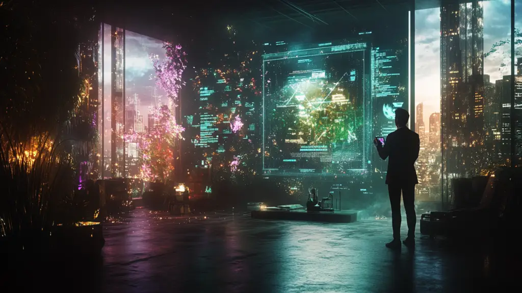 A business leader analyzing a holographic AI ethics interface, featuring a digital balance scale symbolizing responsible decision-making.