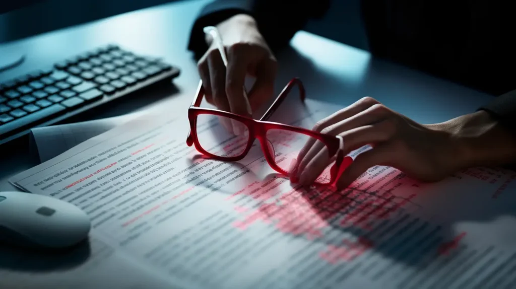 A content professional reviewing AI-written text with a red pen, highlighting errors and making quality improvements, demonstrating the necessity of human oversight.