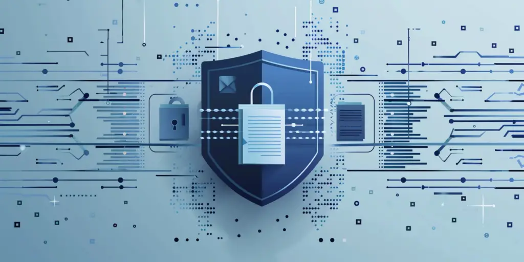 A minimalist privacy policy concept featuring a shield with a lock at its center, symbolizing data security. Digital lines and icons representing encryption and information protection extend from the shield, set against a futuristic blue-toned background.