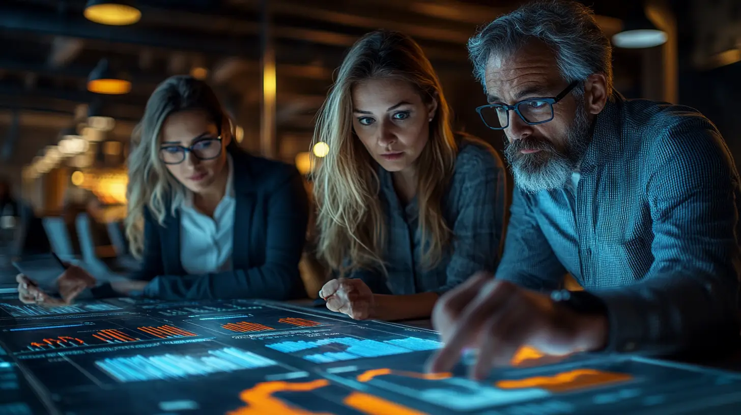 Marketing professionals using AI copywriting software to generate high-converting content with data visualization showing improved results