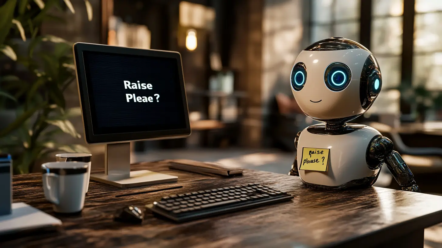 Cute robot with glowing blue eyes sitting at a desk with a computer screen displaying "Raise Please?" message