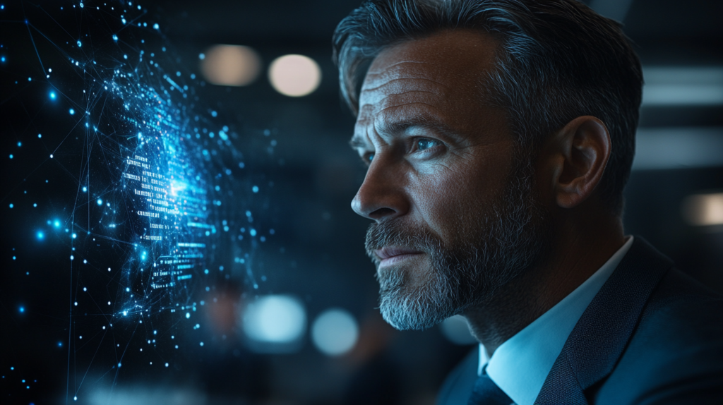 Senior executive with grey hair and beard examining a blue holographic neural network visualization, representing AI-powered transformative leadership insights