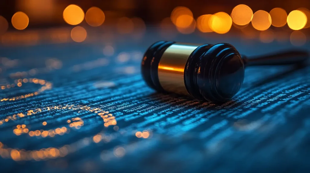 Documents featuring copyright symbols alongside AI code visualization, representing the complex legal landscape surrounding AI-generated content and intellectual property.
