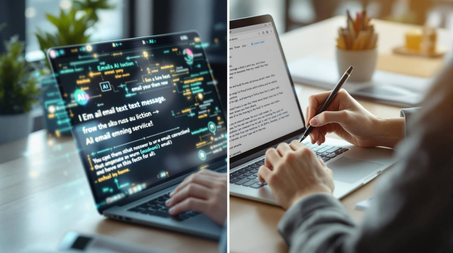 A professional worker using ai email generators on their laptop while adding personal handwritten notes, showcasing the balance between AI efficiency and human personalization in a naturally lit office space. 