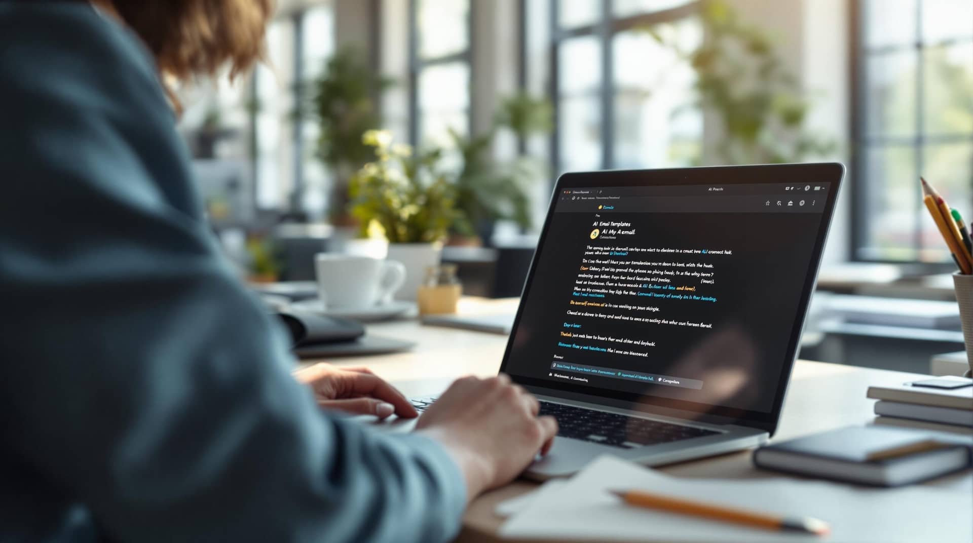 Person using AI email generators on laptop while handwriting a personal note at a sunlit office desk, balancing digital efficiency with human touch.
