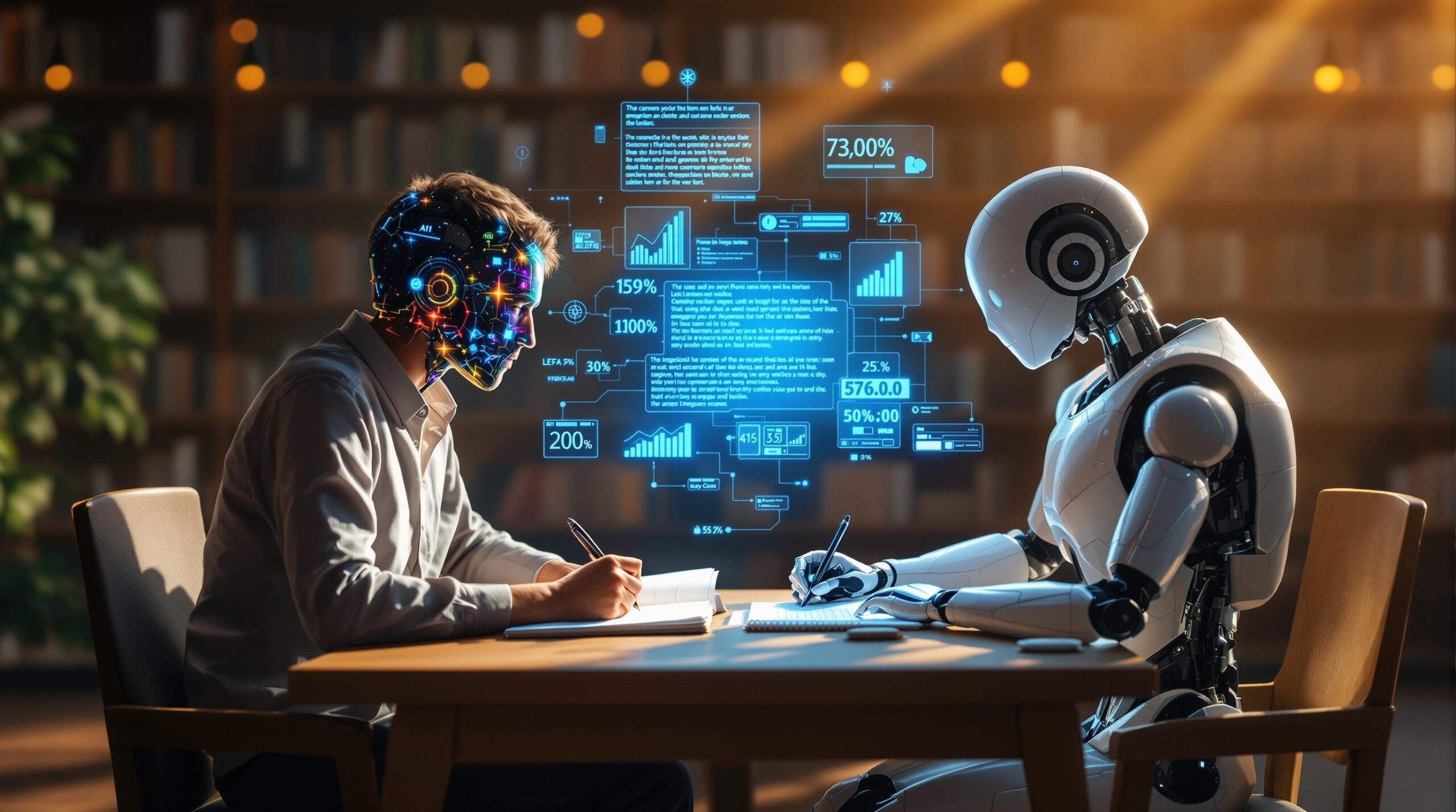 Human writer and AI robot collaborating on a manuscript in a library, highlighting their complementary strengths, suggesting that while AI assists with structure and data, it may not fully replace writers' creativity and emotional depth. 