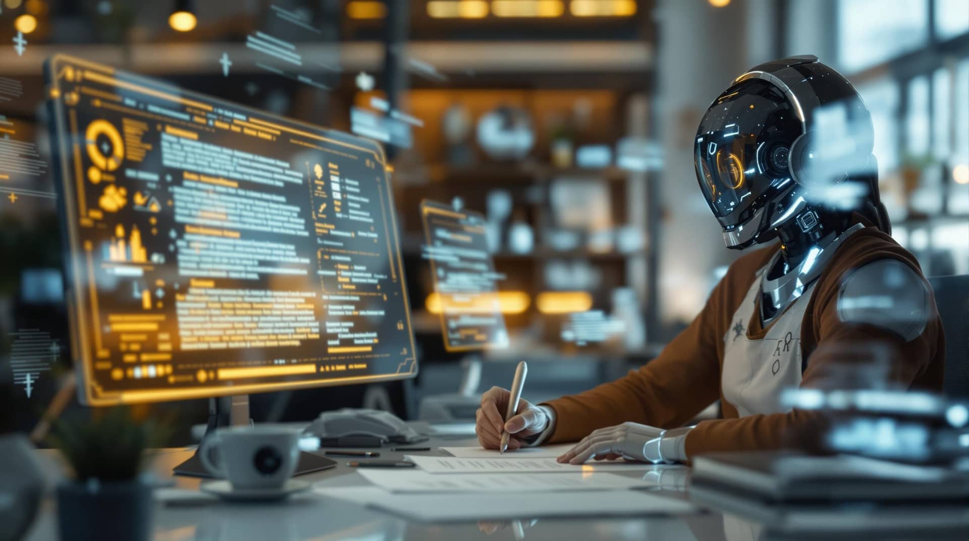 A human writer and AI system working together in a futuristic office, showing collaborative storytelling rather than depicting "will AI replace writers" - instead illustrating a partnership where human creativity and AI analysis complement each other on floating digital displays.