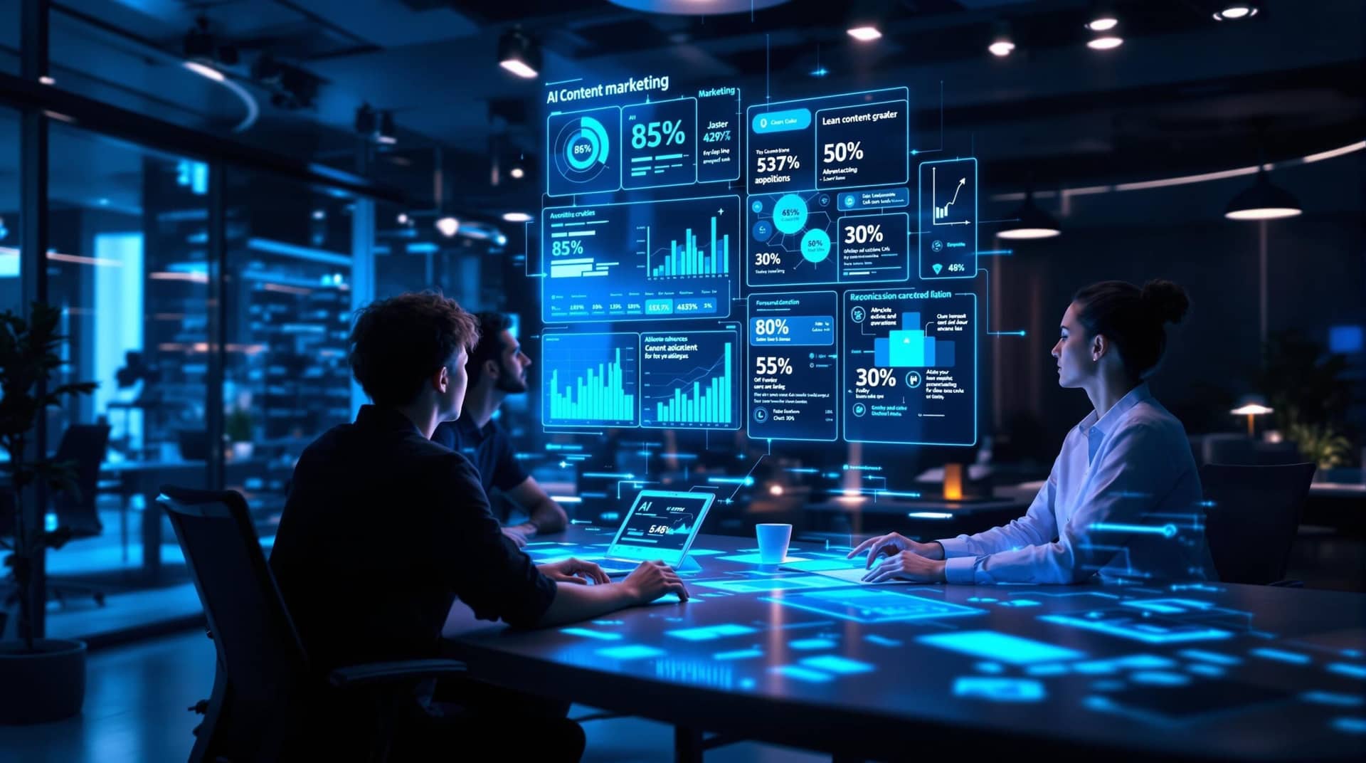 Professionals analyze holographic analytics dashboards in a futuristic AI content marketing workspace with floating screens displaying adoption rates and time savings metrics, surrounded by ambient blue lighting.
