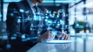 building-better-relationships-through-ai-enhanced-email-communication | Lead AI Ethically A business professional at a futuristic desk using AI email generators displayed on a holographic screen, with glowing connection nodes and analytics showing improved engagement metrics in a modern blue-lit office space.