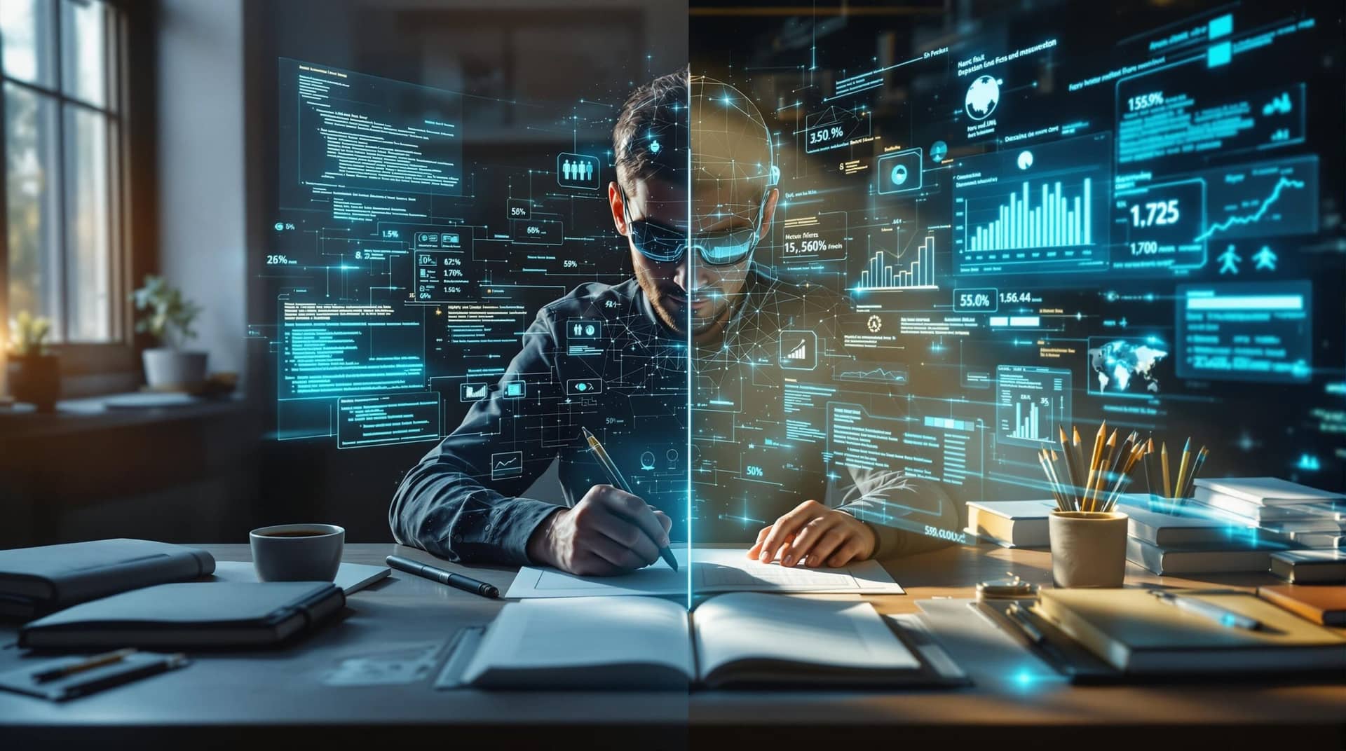 A writer at a split desk using both traditional tools and AI interfaces, symbolizing collaboration where will AI replace writers concerns are addressed through partnership rather than substitution, with warm natural light blending into technological blue glow. 