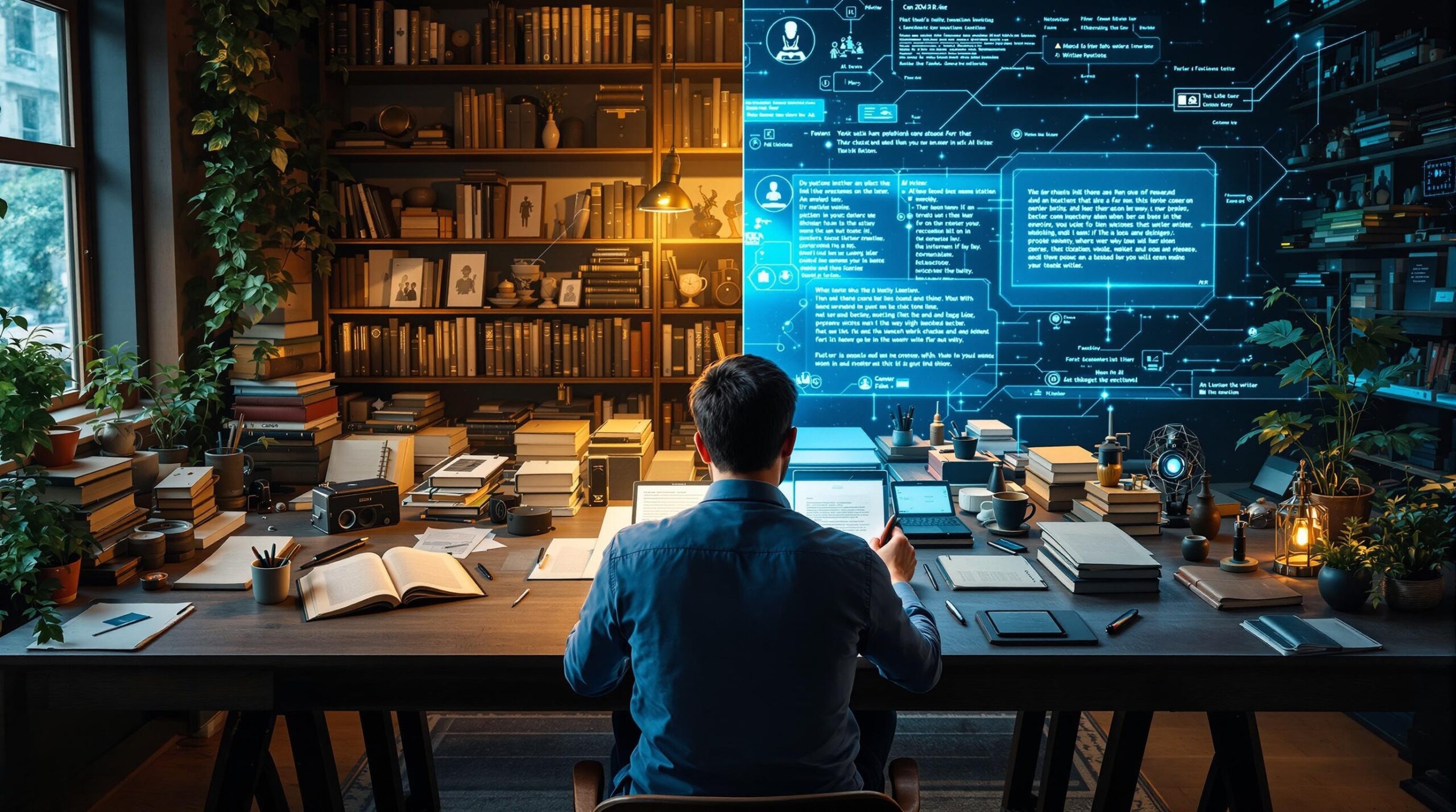 Writer at desk split between traditional writing tools and AI interfaces, collaboratively working with technology, symbolizing the evolving question: will AI replace writers or enhance human creativity?