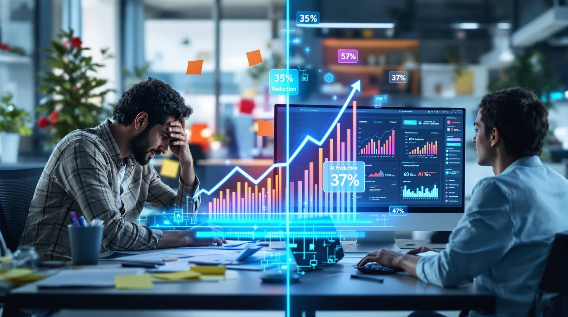 A comparison showing content creation before and after AI adoption: left side shows stressed marketer with papers manually typing, right side shows relaxed professional using an AI Copywriting Generator with analytics showing 35% production increase and 37% time reduction. 
