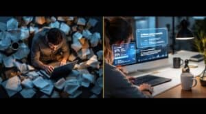A side-by-side comparison showing content creation before and after AI: stressed marketer with crumpled papers versus relaxed professional using an AI Copywriting Generator with analytics showing 37% time savings and 35% increased productivity.