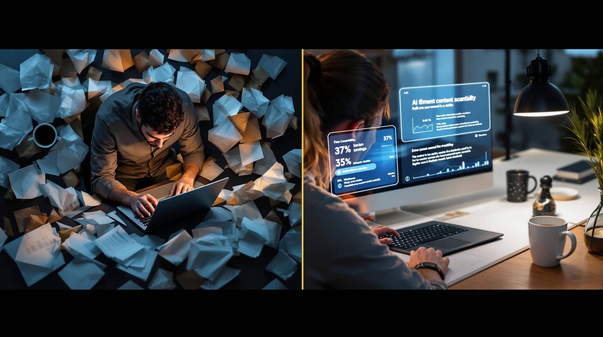 A side-by-side comparison showing content creation before and after AI: stressed marketer with crumpled papers versus relaxed professional using an AI Copywriting Generator with analytics showing 37% time savings and 35% increased productivity.