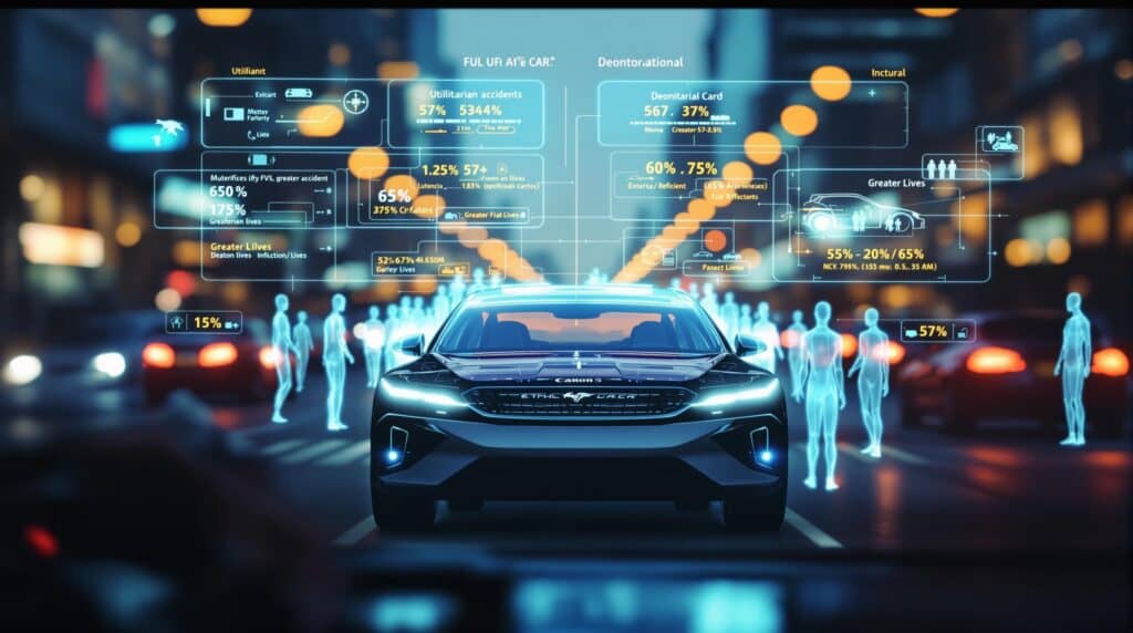 Futuristic autonomous vehicle at a decision point displaying holographic ethical calculations as it faces moral dilemmas between passenger safety and public welfare in an unavoidable accident scenario.