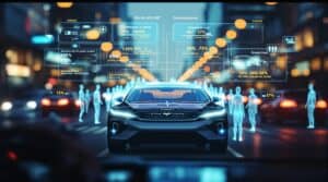 Futuristic autonomous vehicle at a decision point displaying holographic ethical calculations as it faces moral dilemmas between passenger safety and public welfare in an unavoidable accident scenario.