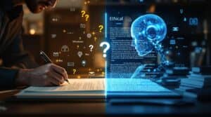 the-ethics-of-ai-copywriting-where-should-we-draw-the-line | Lead AI Ethically Contrasting human writer and AI system separated by ethical boundary, illustrating AI writing ethics concerns including plagiarism, transparency, and bias in professional context.