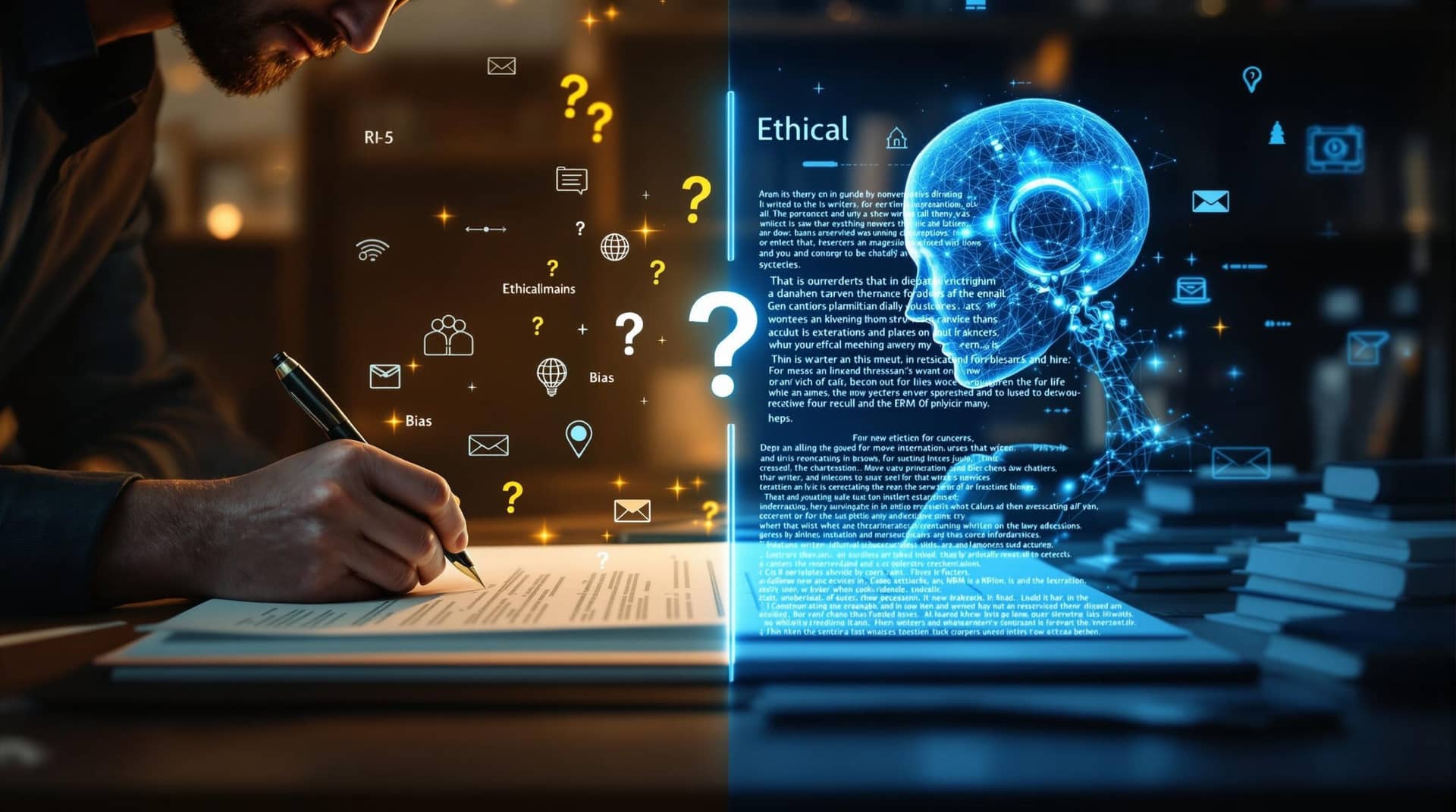 Contrasting human writer and AI system separated by ethical boundary, illustrating AI writing ethics concerns including plagiarism, transparency, and bias in professional context.