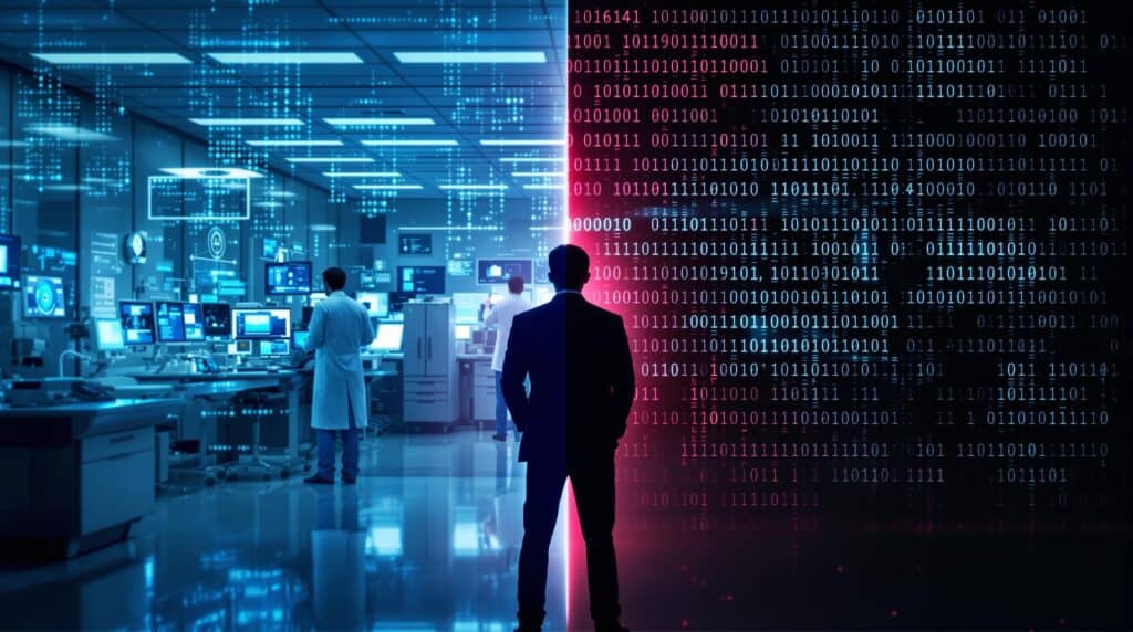 Split-screen image depicting healthcare ethical dilemmas with AI monitoring patient data on left and privacy concerns with data handling on right, as medical professionals stand at the crossroads between technology and confidentiality.