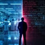 Split-screen image depicting healthcare ethical dilemmas with AI monitoring patient data on left and privacy concerns with data handling on right, as medical professionals stand at the crossroads between technology and confidentiality.
