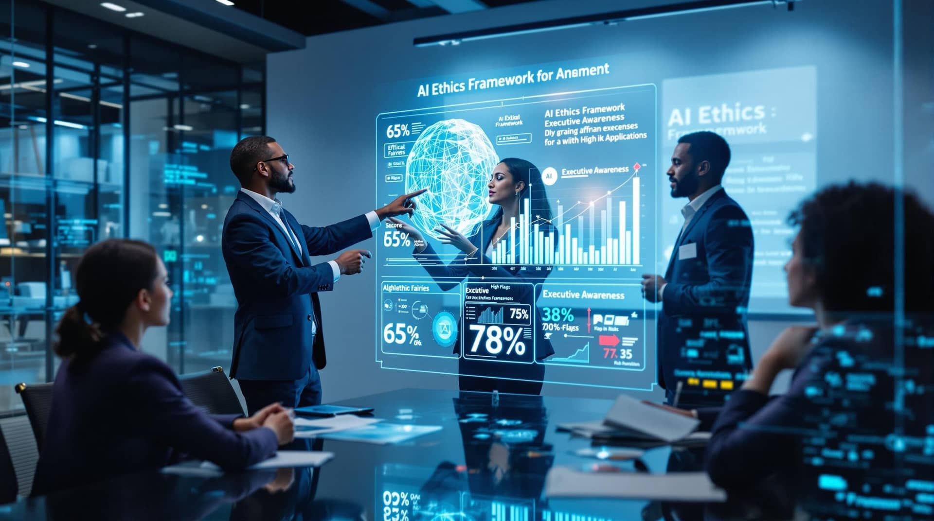  Business leaders analyzing AI ethics metrics on transparent displays, with one pointing to a holographic fairness score of 65% while another reviews bias reduction statistics, demonstrating responsible leadership in technology governance.