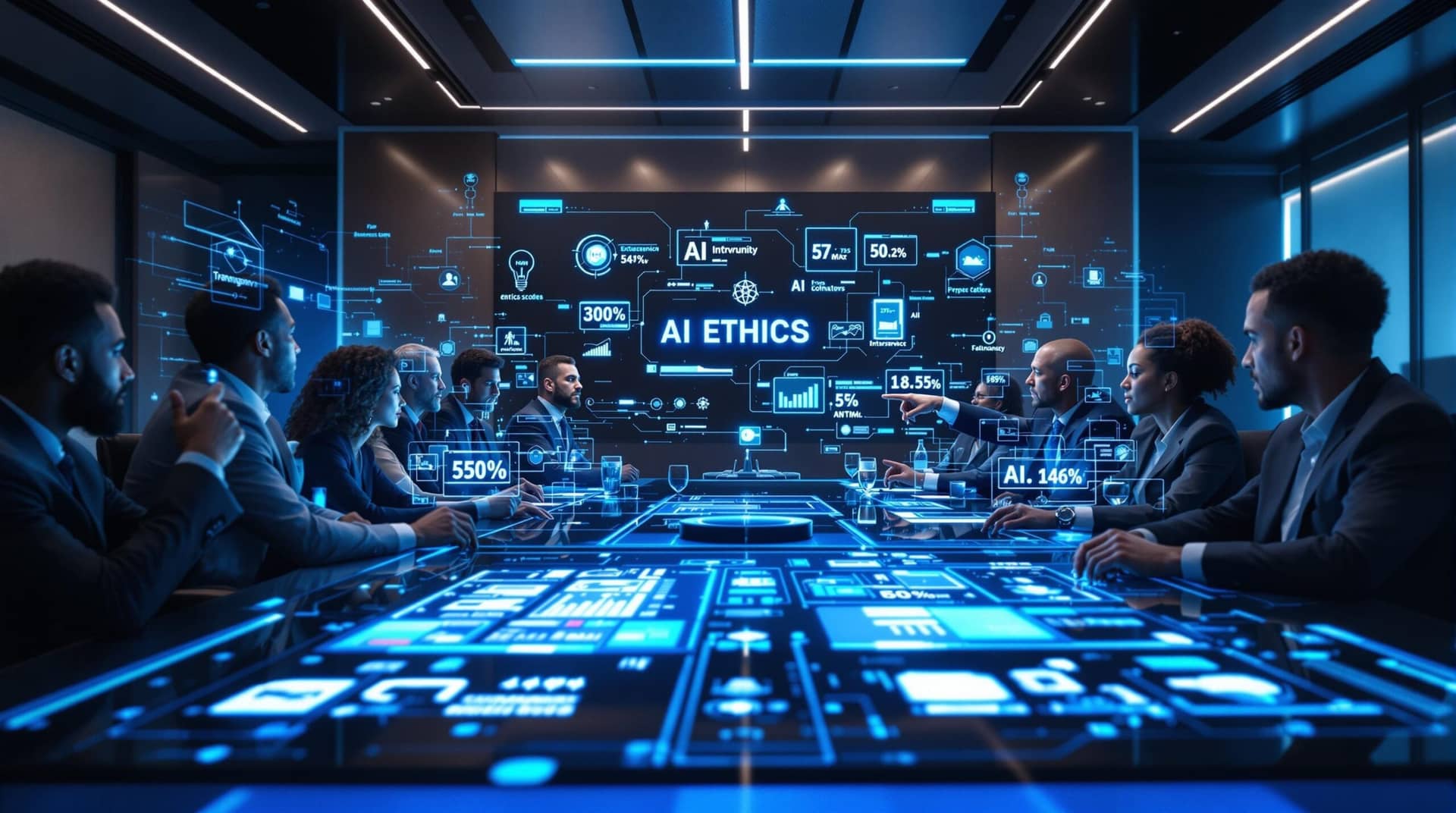 Diverse technology executives discuss AI ethics metrics and bias statistics using holographic displays in a prestigious boardroom, demonstrating ethical ai and responsible leadership through transparency and fairness in artificial intelligence governance.