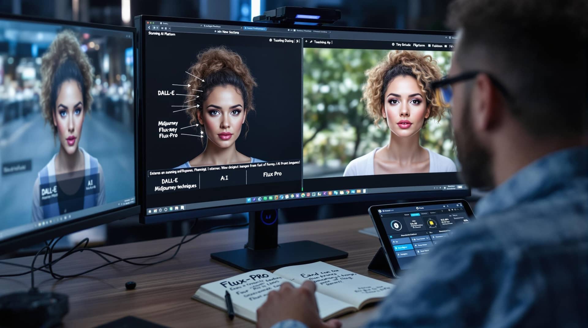  A photographer at a high-tech workstation creating ai image prompts, with multiple screens showing AI-generated visuals from DALL-E, Midjourney, and Flux-Pro, alongside notes on prompt techniques. 