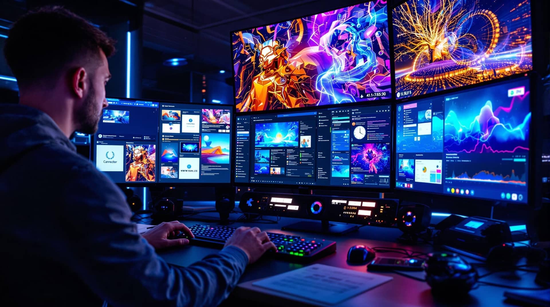 Creative professional crafting ai image prompts at a high-tech workstation with multiple screens displaying AI-generated artwork, surrounded by reference materials and style guides under dramatic blue lighting.