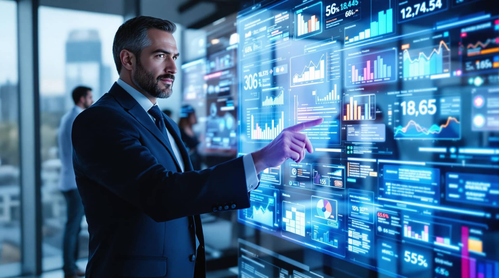 A business leader confidently gestures toward holographic AI dashboards displaying strategy implementation metrics and analytics in a modern high-tech office with team members collaborating in the background.