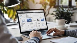 A professional email copywriter using AI software on a modern laptop, surrounded by analytics dashboards and engagement metrics, with a mobile preview of their work visible on a nearby smartphone in a clean, well-lit office workspace.