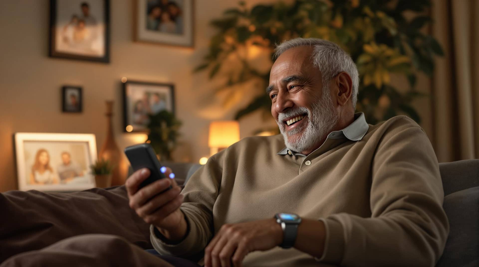 An elderly man in his 70s smiles while speaking to a glowing blue AI voice assistant in his cozy living room, showcasing how ai technology for boomers supports independent retirement living. 