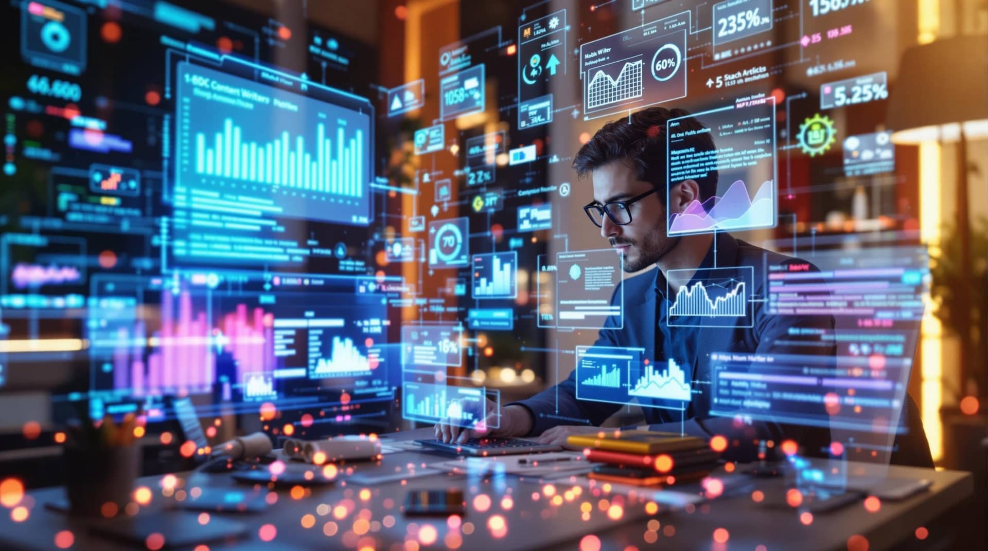 A futuristic workspace featuring an AI blog writer surrounded by holographic displays showing content metrics, search rankings, and draft articles, with warm lighting and visual elements representing the harmonious blend of human creativity and artificial intelligence.