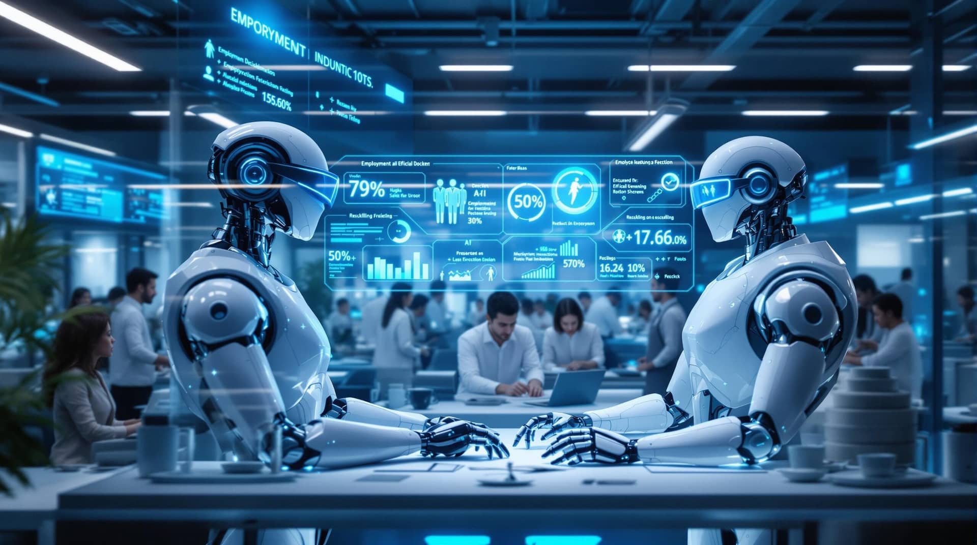 Diverse workers collaborating with AI in automation at a futuristic workplace with holographic displays, showing humans teaching robots ethics while AI assists with tasks in a harmonious blue and white environment.
