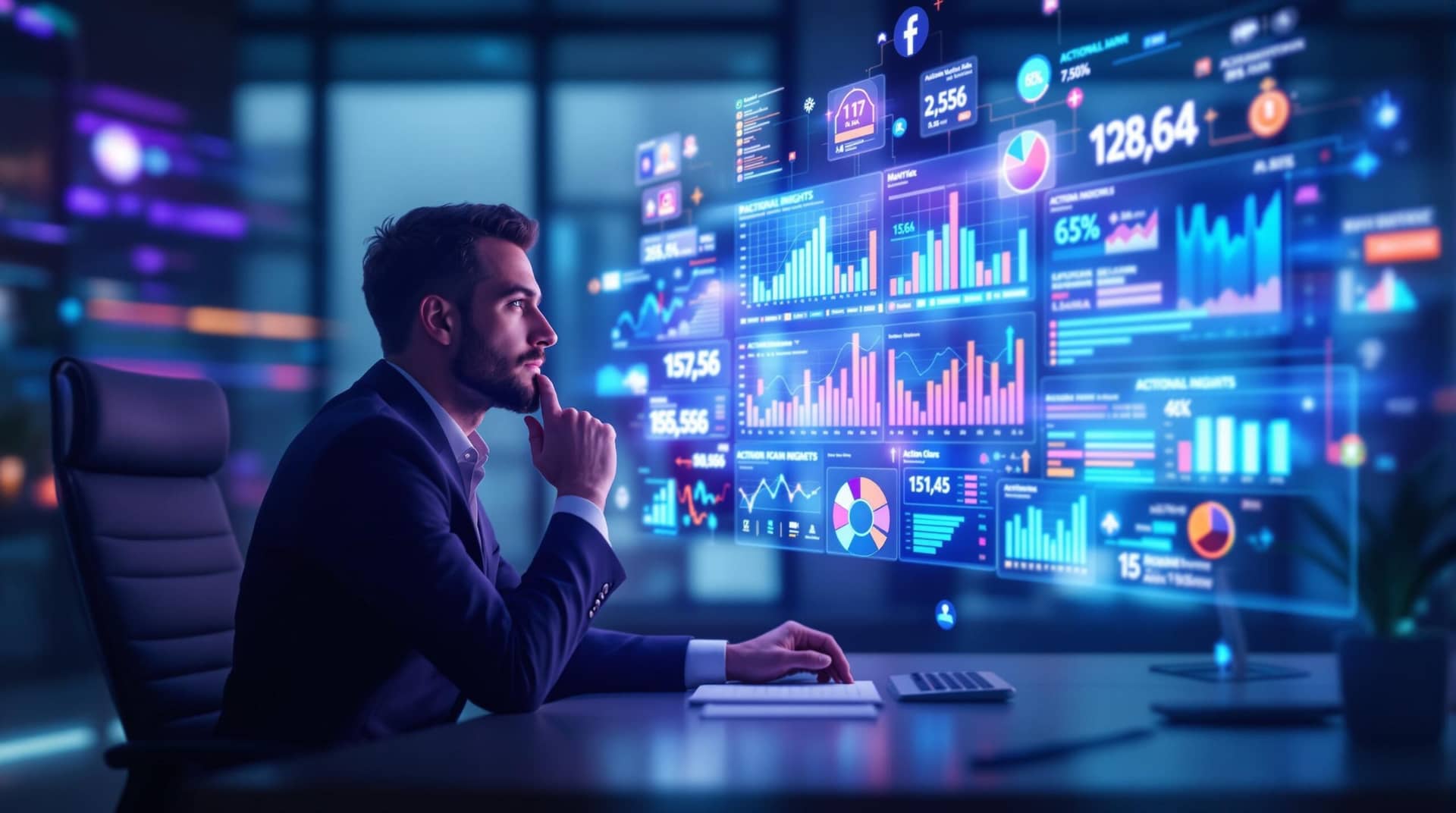  Business executive interacting with holographic AI data visualizations displaying actionable insights through colorful charts and graphs on a modern desk with dramatic blue-purple lighting. 