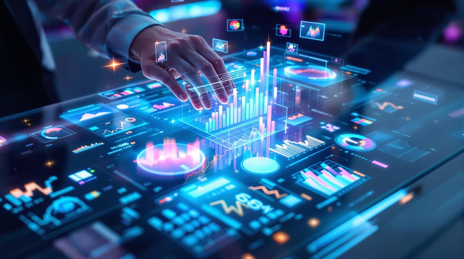 Executive interacting with holographic actionable insights dashboards and 3D data visualizations above a modern glass desk in futuristic blue-purple lighting.