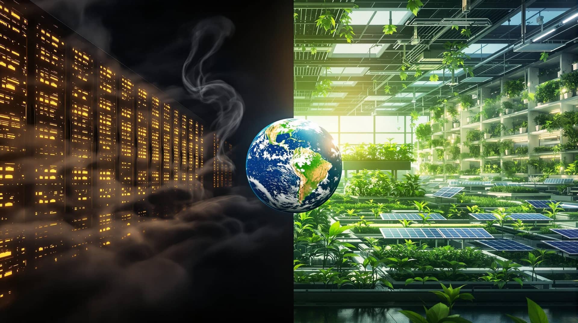 Conceptual digital illustration contrasting traditional data centers' carbon emissions with eco-friendly technologies for sustainable living, featuring Earth divided between environmental impact and green solutions.
