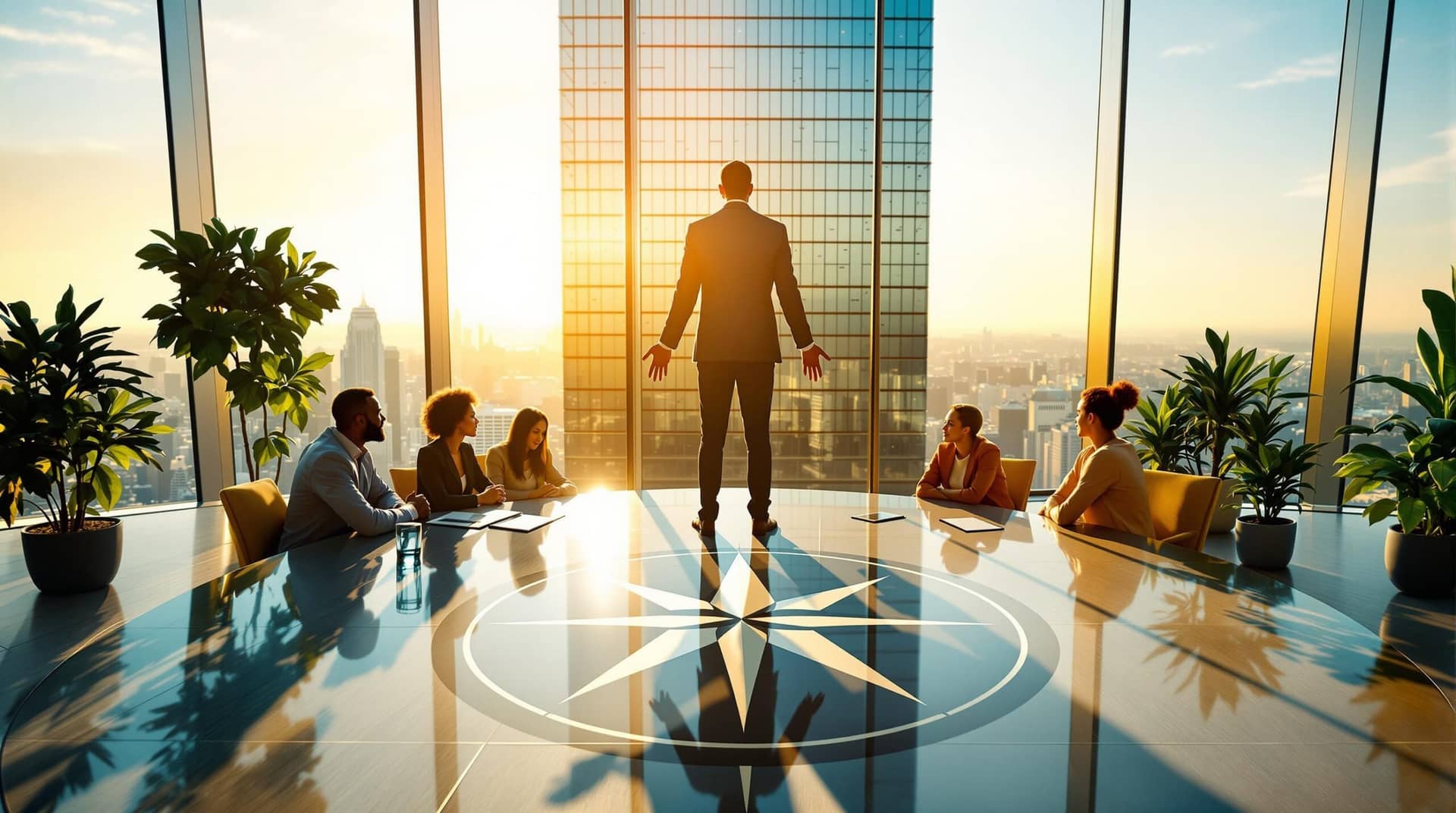  Business leader with welcoming stance atop skyscraper at sunrise, their shadow forming a compass while diverse team collaborates nearby, embodying ethical leadership principles in a sustainable modern office environment. 