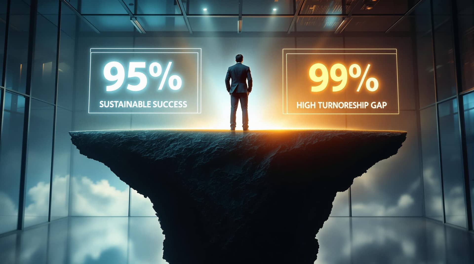 Business professional on a glass platform extending a hand downward, illustrating the ethical leadership gap with contrasting statistics of 95% and 9% visible on nearby charts. Two distinct corporate paths diverge in the background of a modern boardroom setting.