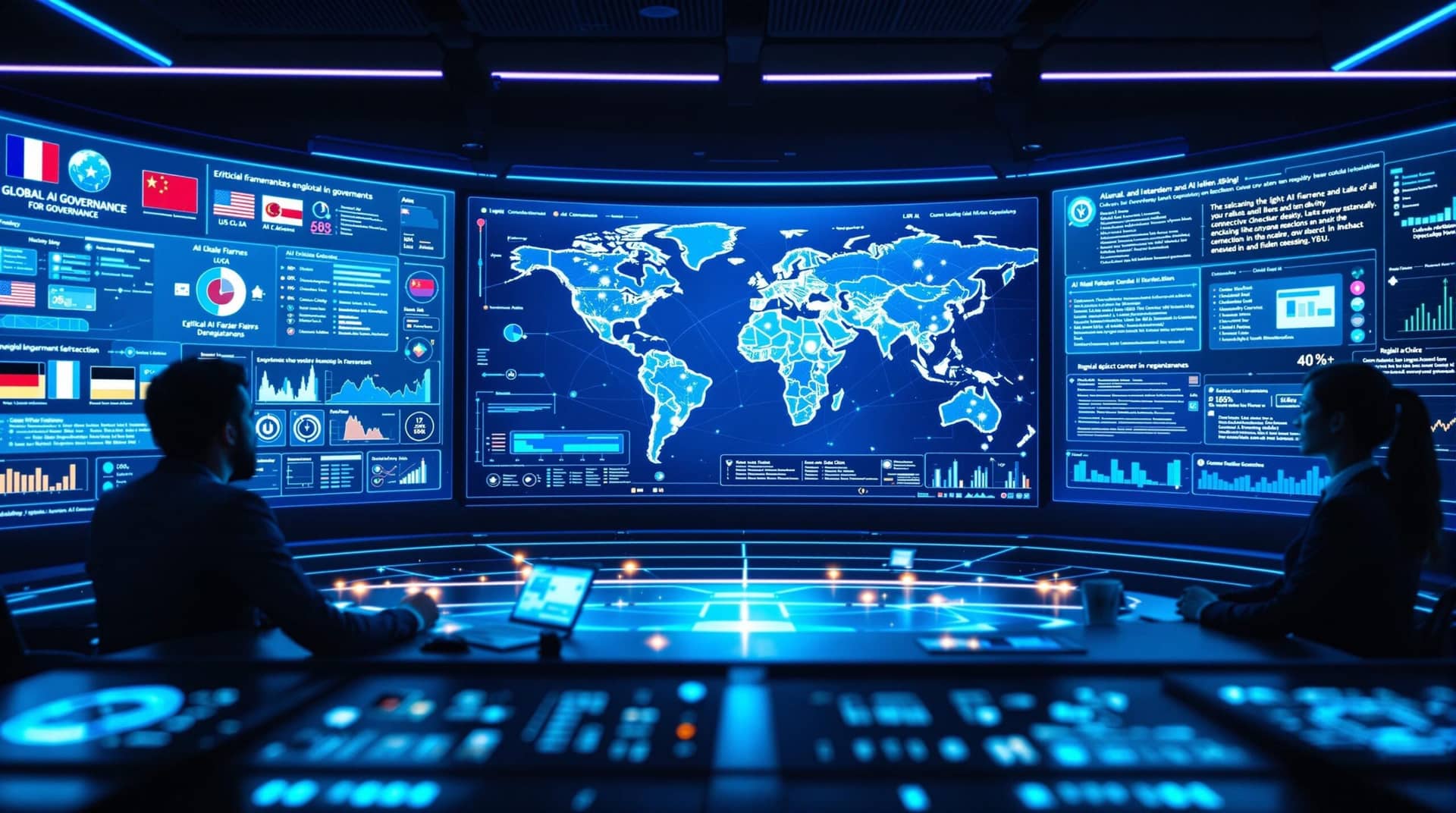  Futuristic control room showing global AI governance with policymakers analyzing ethical frameworks on one side, engineers implementing fairness tools on the other, and a central world map connecting regulatory bodies worldwide. 