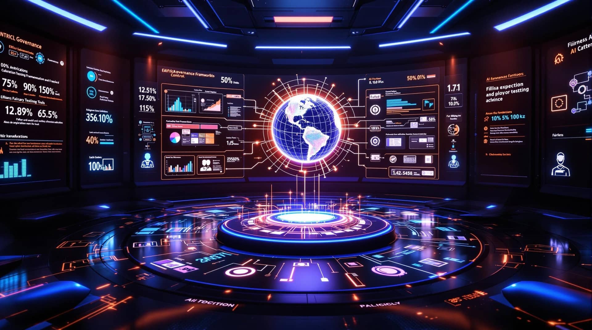 Futuristic control room where policymakers and engineers collaborate on AI governance frameworks, monitoring ethical compliance metrics and algorithm bias reduction on digital displays surrounding a holographic Earth showing global regulatory connections.